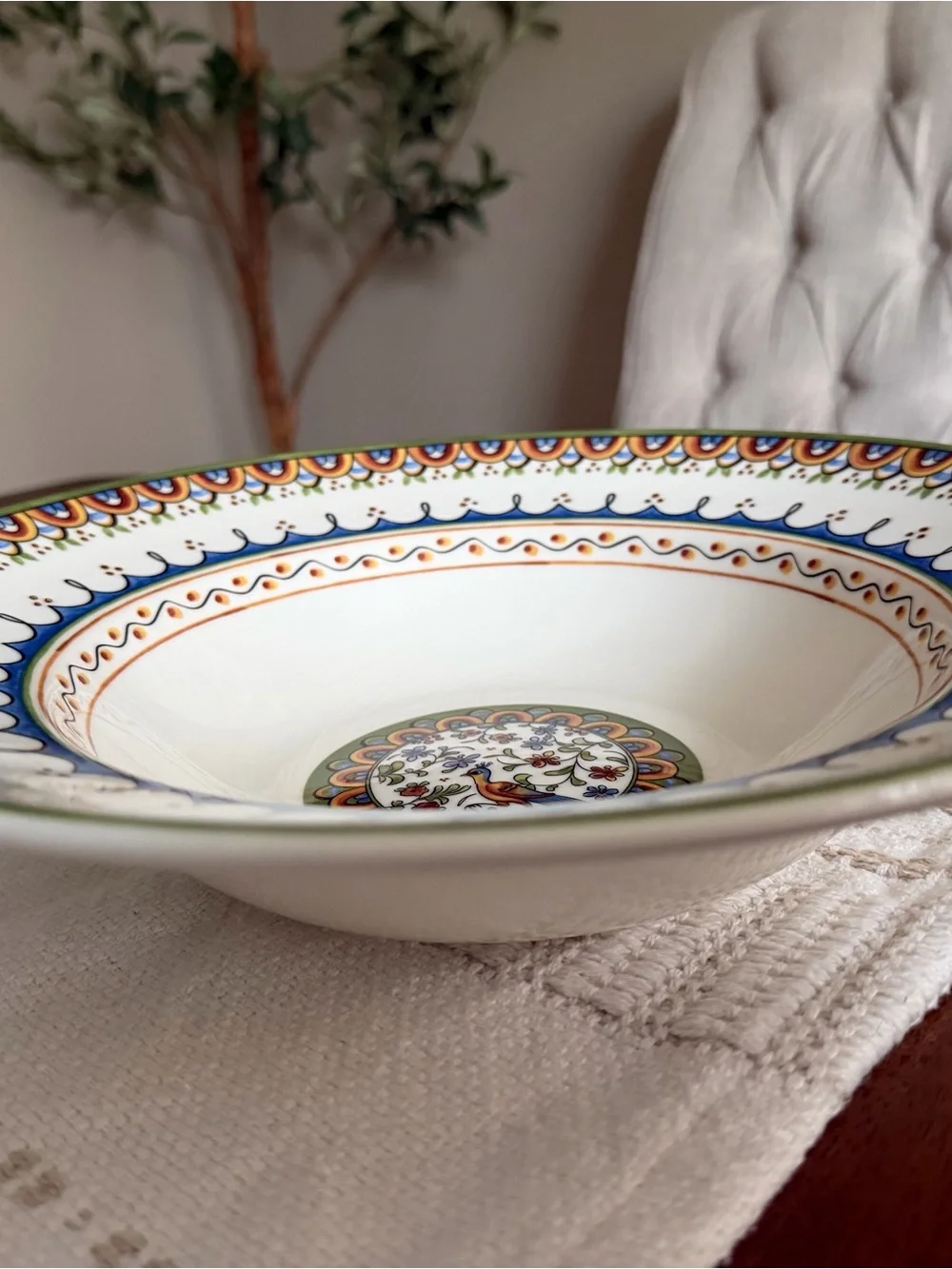 Deruta Style Ceramic Peacock Pasta Bowl